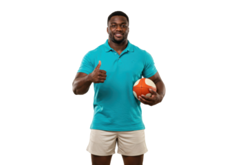 Smiling African American man in polo shirt holding rugby ball isolated PNG, athlete giving thumbs up on transparent background