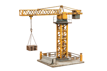 Small tower crane model in weathered yellow paint, grease-stained metal structure lifting a wooden pallet, concrete barrier element for scale, isolated on transparent background.
