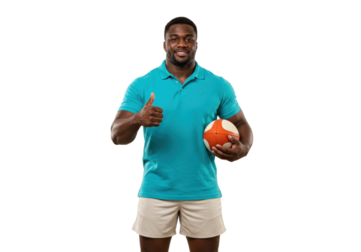 Smiling African American man in polo shirt holding rugby ball isolated PNG, athlete giving thumbs up on transparent background