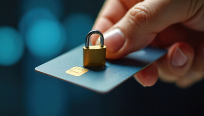 Person holds blue credit card with gold padlock on top. Hand secures payment card with lock. Secure online transaction with protected financial information.