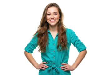 Smiling young woman in turquoise dress isolated on transparent PNG, cheerful female portrait for fashion and lifestyle design