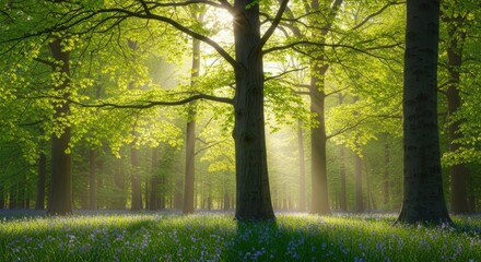 Enchanting sunlight streams through vibrant trees illuminating a field of bluebells in a lush green forest, perfect for nature and springtime themes