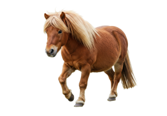 Chestnut Icelandic horse PNG isolated on transparent background, small breed pony with blonde mane and tail, equine animal for design use