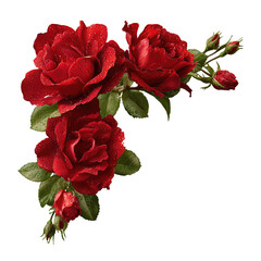 Elegant corner garland of red roses with dewy petals and glossy green leaves, perfect floral accent for framing, isolated on transparent background  © Sawyer0