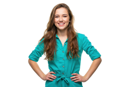 Smiling young woman in turquoise dress isolated on transparent PNG, cheerful female portrait for fashion and lifestyle design - Powered by Adobe