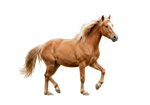 Chestnut horse trotting isolated PNG, beautiful palomino stallion with blonde mane on transparent background, equine elegance and power