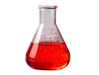 Glass flask containing bright red liquid with bubbles in a laboratory setting illuminated by soft light