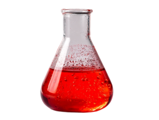 Glass flask containing bright red liquid with bubbles in a laboratory setting illuminated by soft light