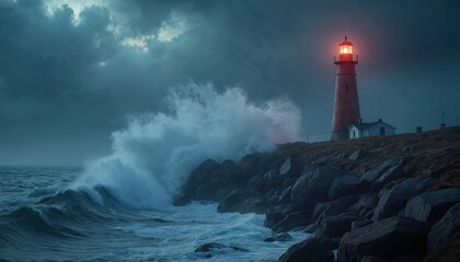 Naklejka premium Red lighthouse guides ships through stormy ocean waves crashing on rocky shore. Dark clouds gather over seascape. Beacon shines bright light at night, warning sailors.