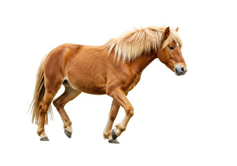 Chestnut horse PNG isolated on transparent background, beautiful equine animal with blonde mane and tail in walking pose, domestic mammal