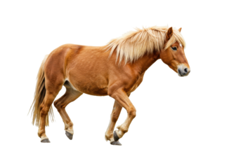 Chestnut horse PNG isolated on transparent background, beautiful equine animal with blonde mane and tail in walking pose, domestic mammal