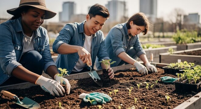 Community garden cultivating urban greenery with people planting and caring for local nature