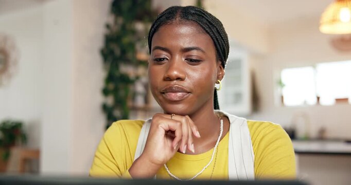 Thinking, student and black woman with laptop, home or research for assignment on website or online. Reflection, person and ideas for digital test, serious and education with tech, knowledge in house