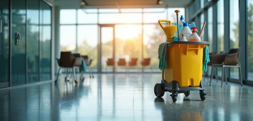 Yellow cleaning cart with mop broom, supplies in office building hallway. Cart wheels, cleaning products on top. Office interior with chairs, large windows in background. Cleaning equipment, tools