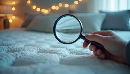 Fototapeta premium Hand with magnifying glass inspects mattress in bedroom. Person examines bed for bedbugs, pests, dirt. Close-up view of hand holding magnifying glass over white quilted mattress with blurred