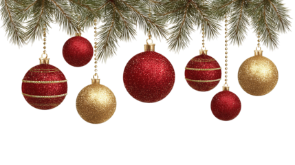 Festive garland of alternating red and gold baubles with spruce tips and glitter bands, elegant holiday decoration, isolated on transparent background
