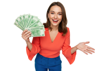 Excited woman holding money PNG isolated on transparent background, financial success and wealth concept