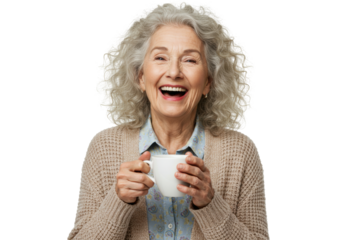 Happy senior woman with gray curly hair holding a mug isolated PNG, cheerful mature lady enjoying a hot drink on transparent background