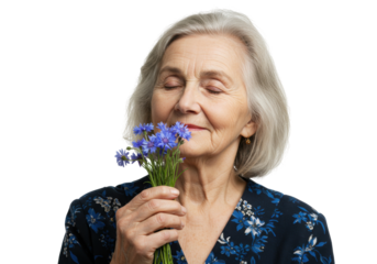 Senior woman smelling blue cornflowers isolated PNG, enjoying the scent of flowers on transparent background