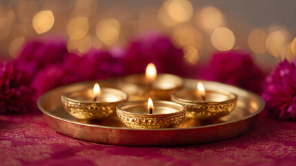 Traditional lit oil lamps on a golden plate for Gudi Padwa. Hindu festival celebration with festive diyas and bright bokeh in background.