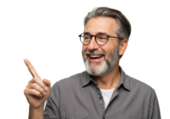 Smiling mature man with glasses pointing up, isolated PNG on transparent background, happy middle-aged male portrait for advertising and design use