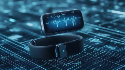Futuristic Health Monitor with Smartwatch and Data Visualization on Digital Grid Interface - Powered by Adobe