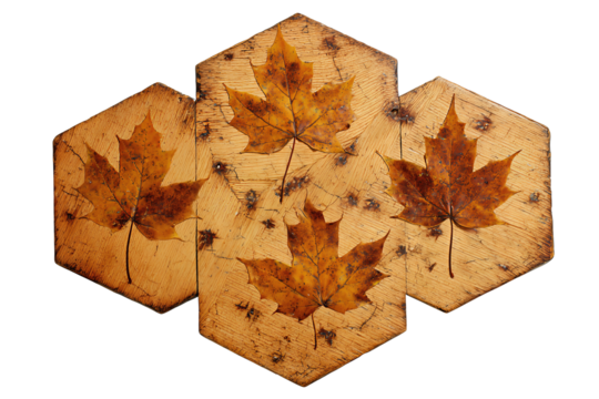 Weathered honey-toned tabletop with five maple leaves scattered along the central seam, rustic autumn composition, isolated on transparent background