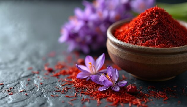 Saffron threads in small clay bowl on dark surface. Purple crocus flowers and red saffron spice are scattered around bowl. Saffron stigmas and flowers are visible in foreground and background.