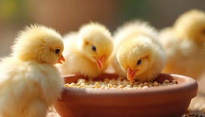 Several fluffy yellow chicks pecking at grains in clay pot. Cute baby chickens eat feed. Poultry farming concept photo shows birds in close up eating meal.