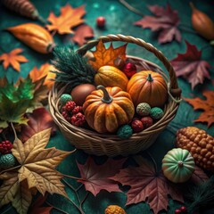 Close-up of a harvest basket with pumpkins, corn, and autumn leaves.