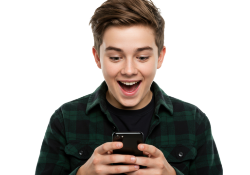 Excited young man looking at his phone isolated on transparent PNG, surprised teenager using smartphone for social media and communication
