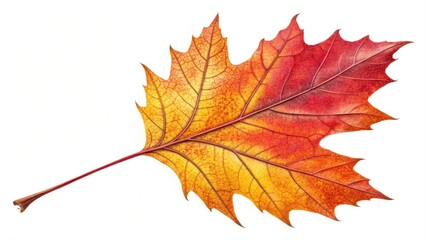 Obraz premium Single red and yellow oak leaf isolated on a white background.