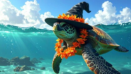 Festive Hawaiian green sea turtle swimming in a wave wearing a witch hat and an orange flower lei