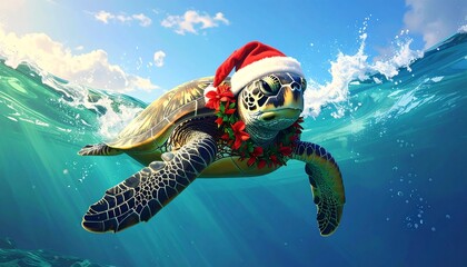 Festive green sea turtle swimming in a clear wave of water wearing a red flower lei and a red and white Santa hat.