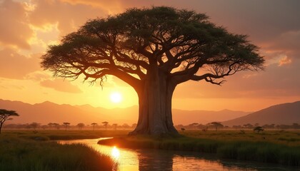 Baobab tree stands tall during sunset in African landscape. Water stream reflects golden sunlight. Trees silhouette against orange sky. Serene nature scene earth beauty, tranquil setting. Generative