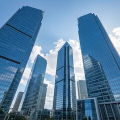 Looking up at contemporary glass skyscrapers in a financial district under blue sky.