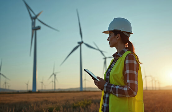 Female engineer in hard hat and vest checks tablet in front of wind turbines. Woman in safety gear inspects windmill farm at sunset. Worker on wind energy farm with tablet. - Powered by Adobe