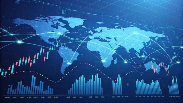 Global financial markets trading data displayed on a digital screen.