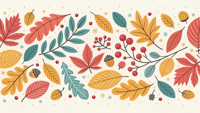 Seamless horizontal border with various autumn leaves and berries illustration. - Powered by Adobe