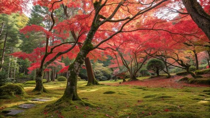 Vibrant red Japanese maple trees over a path in the autumn forest.