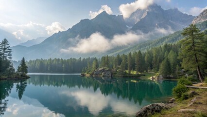 Naklejka premium Turquoise mountain lake surrounded by pine forest under blue sky.