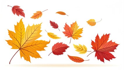 Fototapeta premium Vibrant autumn leaves blowing in the wind on white background.