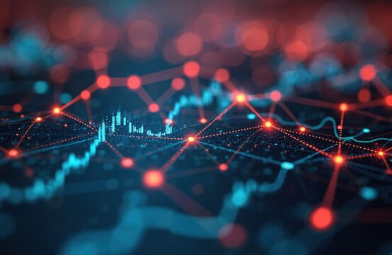 Network data visualization chart with interconnected nodes, lines representing data points. Abstract digital graph with colorful connections, statistical information. Modern tech illustration for - Powered by Adobe