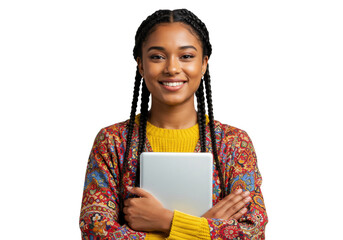 Smiling young woman with braids holding tablet isolated on transparent PNG, student with digital device for education and technology use