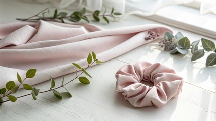 A pink scrunchie on a white wooden surface with leaves