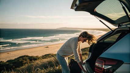 Woman taking luggage from car trunk by the seaside at sunset.