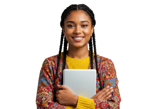 Smiling young woman with braids holding tablet isolated on transparent PNG, student with digital device for education and technology use