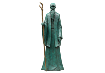 Verdigris bronze statue of a bearded sage with staff isolated PNG, ancient wise man sculpture on transparent background