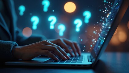 Woman typing on laptop keyboard at night. Glowing question marks float above keyboard. Person searching for answers online. Customer support concept. FAQ online service. Tech device with blurred