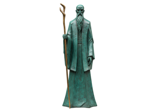 Verdigris bronze statue of a bearded sage with staff isolated PNG, ancient wise man sculpture on transparent background